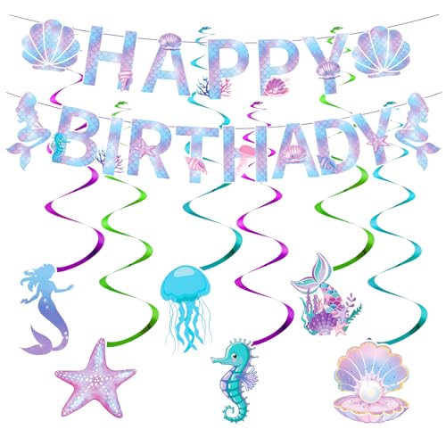 PIWOSGOL Meerjungfrau Geburtstag Deko, Iridescent Mermaid Garland mit Seepferdchen Seashell Starfish Quallen, Happy Birthday Girlande für Mädchen für Unterwasserwelt Mermaid Party Zubehör PIWOSGOL Meerjungfrau Geburtstag Deko, Iridescent Mermaid Garland mit Seepferdchen Seashell Starfish Quallen, Happy Birthday Girlande für Mädchen für Unterwasserwelt Mermaid Party Zubehör von PIWOSGOL
