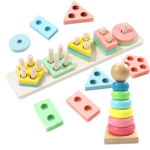 PIWOSGOL Montessori Spielzeug ab 1 2 3 Jahre, Holzspielzeug Stapelturm und Puzzle, Holz Sortier & Stapelspielzeug, Farberkennung Formsortierer, Lernspielzeug Geburtstag Geschenk für Mädchen Junge von PIWOSGOL