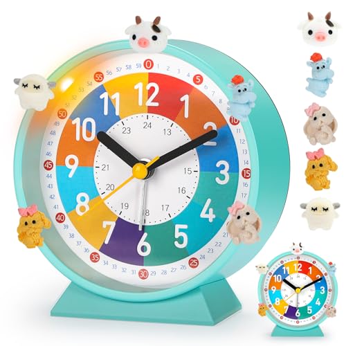 PIXESTT Kinder Wecker, Kinderwecker für Schulanfänge, Kein Tickendes Geräusch, Mit Nachtlicht und Schlummerfunktion, Mit 5 Wecker-Dekoration, Geeignet für Das Lernen, Schlaf-Weck-Aufwachen C von PIXESTT