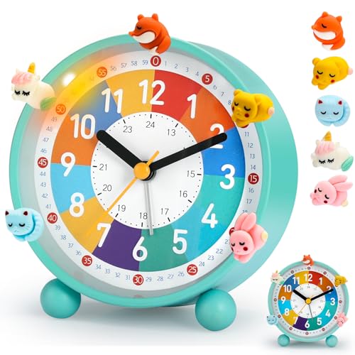 PIXESTT Wecker Kinder, Kinderwecker für Schulanfänge, Kein Tickendes Geräusch, Mit Nachtlicht und Schlummerfunktion, Mit 5 Wecker-Dekoration, Geeignet für Das Lernen, Schlaf-Weck-Aufwachen A von PIXESTT