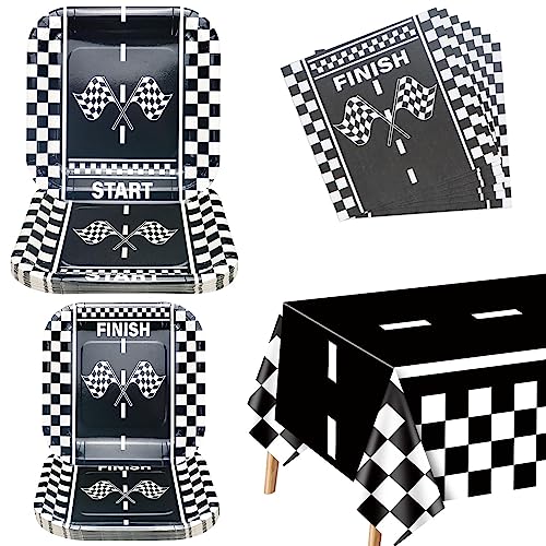 61Pcs Rennwagen Party Dekorationen - Schwarz und Weiß Kariert Racing Car Party Supplies, Pappteller, Servietten, Racetrace Tischdecke für Kinder Rennwagen Sport Themed Geburtstag, Serviert 20 von PIXHOTUL