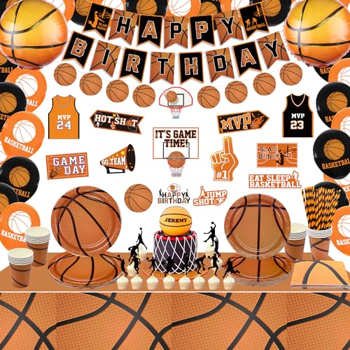 Basketball-Party-Dekorationen, Basketball Geburtstag Party Supplies-Papierteller, Happy Birthday Banner, Basketball-Schilder, Luftballons, Tischdecke, für Kinder Jungen Basketball-Fans Geburtstag von PIXHOTUL