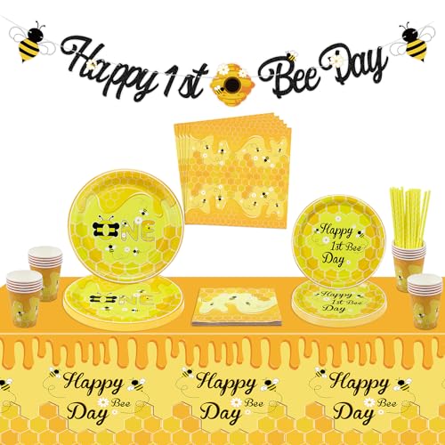Biene Party Dekorationen, erste Biene Tag Party Dekorationen mit Happy 1st Bee Day Banner, Teller, Biene Servietten, Biene Tischdecke, Tassen für Kinder Ersten Geburtstag Party, Serviert 20 von PIXHOTUL