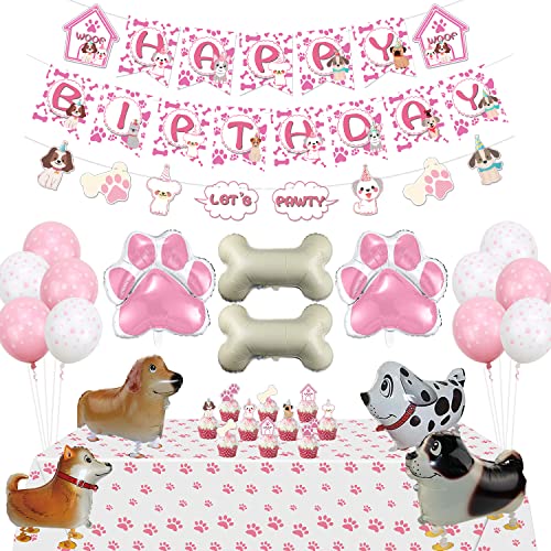 Dekorationen mit Hundemotiven, HAPPY BIRTHDAY-Hunde Banner, Tischdecke, Tortenaufsätze, 4 Hundeluftballons, 14 Latex-Luftballons im Set für Hundegeburtstagsfeiern von PIXHOTUL