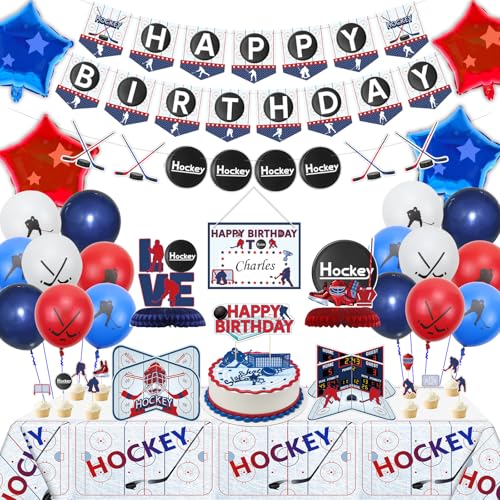 PIXHOTUL Hockey Party Dekorationen, beinhaltet Eishockey Happy Birthday Banner, Hockey Tischdecke, Tischaufsteller, Cake Toppers, Hockey Ballons für Kindergeburtstag Party, Hockey Sport Party von PIXHOTUL