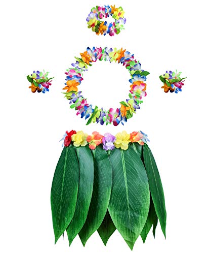 PIXHOTUL 5 stücke Blatt Hula Rock und Hawaiian Leis Set, Hula Rock + Blume Stirnband + 2 Blumen Armband + Halskette Girlande, Hula Luau Party kostüm für Frauen, Mädchen (Muster A) von PIXHOTUL