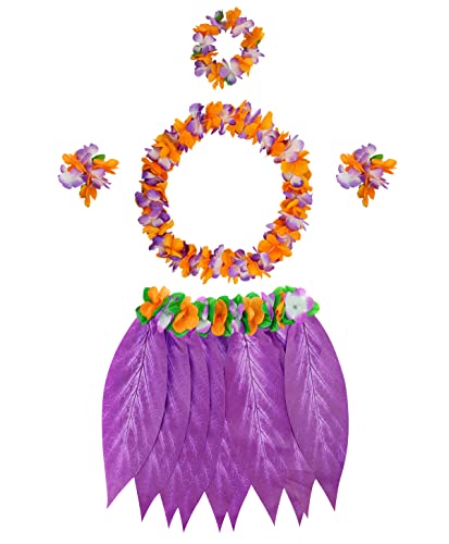 PIXHOTUL 5 stücke Blatt Hula Rock und Hawaiian Leis Set, Hula Rock + Blume Stirnband + 2 Blumen Armband + Halskette Girlande, Hula Luau Party kostüm für Frauen, Mädchen (Muster G) von PIXHOTUL