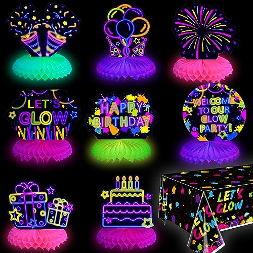 PIXHOTUL Glow in The Dark Dekorationen - 8 Stück Leuchtende Neon Party Waben Tischaufsteller - Schwarzlicht Waben Tischaufsteller Und Let's Glow Tischdecke Für Kinder Schwarzlicht Party von PIXHOTUL