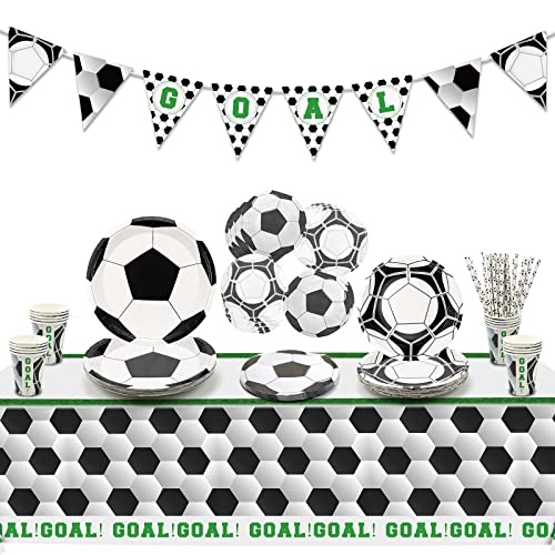 PIXHOTUL Fußball-Party-Zubehör, Sport-Motto-Party-Pack mit Tellern, Bechern, Servietten, Tischdecke, Banner und Luftballons für 20 Personen von PIXHOTUL