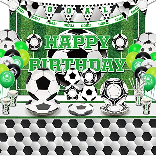 PIXHOTUL Fußball-Party-Zubehör, Sport-Motto-Party-Pack mit Tellern, Tassen, Servietten, Tischdecke, Banner und Luftballons für 20 Personen von PIXHOTUL