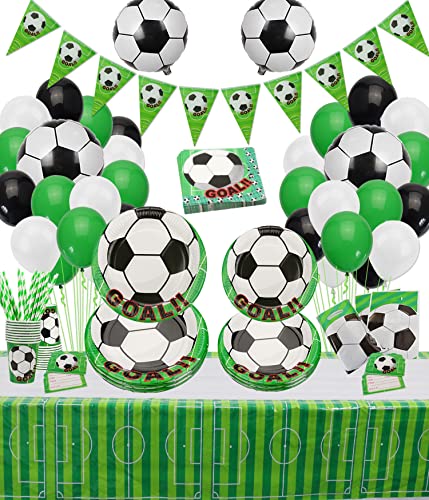 Fußball Partyzubehör - Fußball-Themen-Party-Dekorationen zum Kindergeburtstag, Einschließlich Teller, Tassen, Servietten, Tischdecke, Banner, Geschenktüten und Luftballons, für 12 Personen von PIXHOTUL