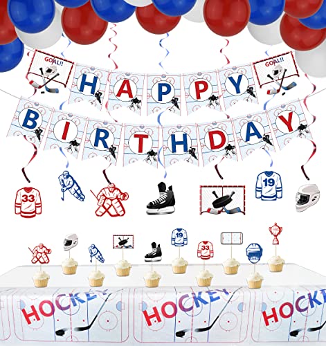 PIXHOTUL Hockey-Geburtstagsparty-Zubehör, Happy Birthday-Banner mit Eishockey-Thema, Hängende Wirbel, Tischdecke, Tortenaufsätze, Luftballons für Kinder, Hockey-Fans, Geburtstagsparty-Dekorationen von PIXHOTUL