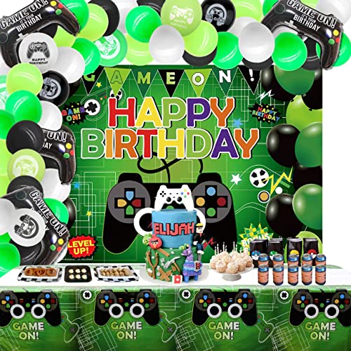 PIXHOTUL Videospiel Happy Birthday Green Dekorations-Set – Gaming-Thema Happy Birthday Hintergrund Tischdecke 82-teiliges Luftballon-Girlanden-Bogen-Kit für Kinder- und Gamer-Geburtstagsfeier von PIXHOTUL