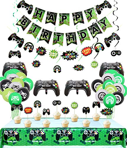 Videospiel-Partydekorationen, 3er-Set HAPPY BIRTHDAY-Gaming-Banner, 1 Tischdecke, 6 hängende Wirbel, 10 Tortenaufsätze und 24 Luftballons mit Spielmotiven für Gamer, Jungen-Geburtstagsparty-Zubehör von PIXHOTUL
