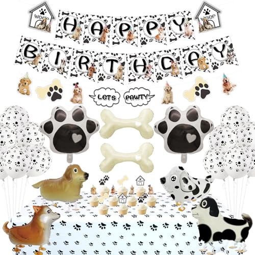 Party-Dekorationen mit Hundemotiv – Happy Birthday Hunde-Banner, Let's Pawty"-Wimpelkette, Pfoten-Tischdecke, Kuchendekoration, 14 Pfoten- und Knochenballon-Set für Hundewelpen, Kindergeburtstag von PIXHOTUL