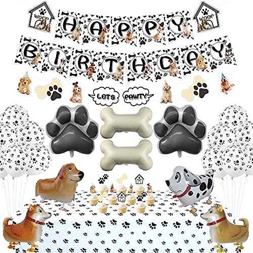 Party-Dekorationen mit Hundemotiv – Happy Birthday Hunde-Banner, Let's Pawty"-Wimpelkette, Pfoten-Tischdecke, Kuchendekoration, 14 Pfoten- und Knochenballon-Set für Hundewelpen, Kindergeburtstag von PIXHOTUL