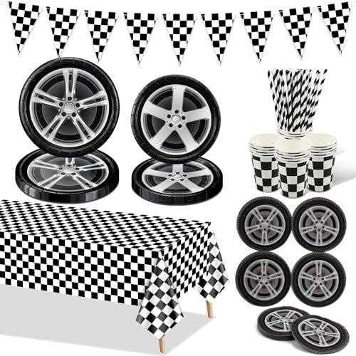Racing Car Geburtstag Party Dekorationen, Auto-Rad-Party-Zubehör, Pappteller, Reifenservietten, schwarz karierte Tischdecke, Becher, für Kinder-Rennsport-Themengeburtstagsparty, für 20 Personen Racing Car Geburtstag Party Dekorationen, Auto-Rad-Party-Zubehör, Pappteller, Reifenservietten, schwarz karierte Tischdecke, Becher, für Kinder-Rennsport-Themengeburtstagsparty, für 20 Personen von PIXHOTUL
