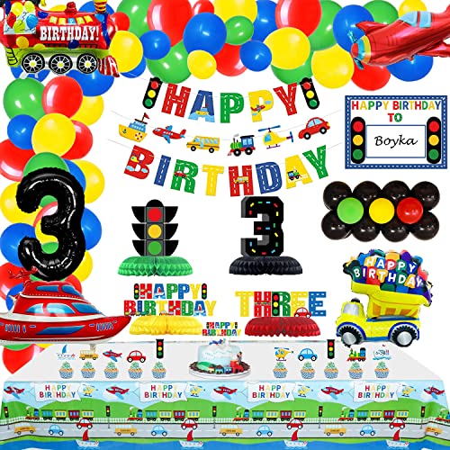 Transport-Geburtstagsparty-Zubehör für 3. Kinder, Transport-Motto-Party-Dekorationen inklusive Happy Birthday-Banner, Cupcake-Topper und 75 bunte Latex-Luftballons für Ballongirlanden von PIXHOTUL