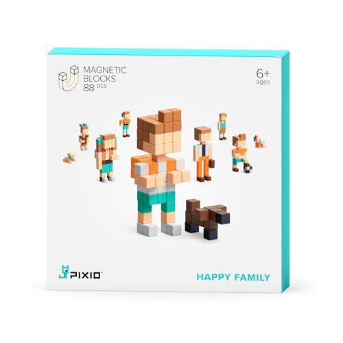 PIXIO Happy Family Story Serie 88tlg. Magnetische Blöcke Set mit kostenloser App, Stressabbau Zappelspielzeug, Bausteine in Pixel Art, Familienmitglieder Action Figuren Schreibtischspielzeug von PIXIO