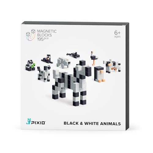 PIXIO Magnetische Würfel – Schwarz-Weiß-Tiere – Magnetische Würfel Bauspielzeug im Pixel-Kunst-Stil – Tierfiguren – Kunst und Handwerk Kinderspielzeug – Bausteine – Lernspielzeug – 195 Stück von PIXIO