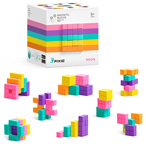 PIXIO Neon Abstract Series 60 Magnetische Bausteine mit interaktiv App, Stressabbau Bausteine, Magnete für Kinder, Pixel Art Schreibtischspielzeug, Geek-Geschenkidee von PIXIO