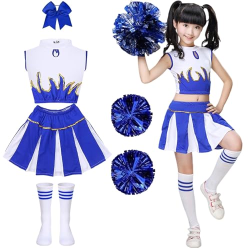 Kostüm Pompom Mädchen Cheerleader Kostüm Kinder mit Pompons und Socken Cheerleader Uniform Mädchen Kostüm Karneval Cosplay Maskerade Halloween Party Performance, Blau - 130 Kostüm Pompom Mädchen Cheerleader Kostüm Kinder mit Pompons und Socken Cheerleader Uniform Mädchen Kostüm Karneval Cosplay Maskerade Halloween Party Performance, Blau - 130 von PIXUYE