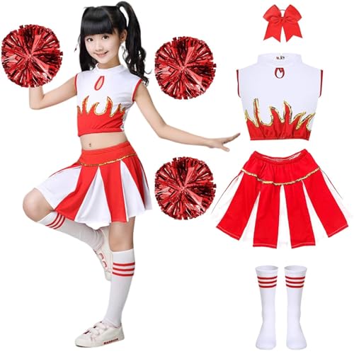 Kostüm Pompom Mädchen Cheerleader Kostüm Kinder mit Pompons und Socken Cheerleader Uniform Mädchen Kostüm Karneval Cosplay Maskerade Halloween Party Performance, Rot 140 Kostüm Pompom Mädchen Cheerleader Kostüm Kinder mit Pompons und Socken Cheerleader Uniform Mädchen Kostüm Karneval Cosplay Maskerade Halloween Party Performance, Rot 140 von PIXUYE
