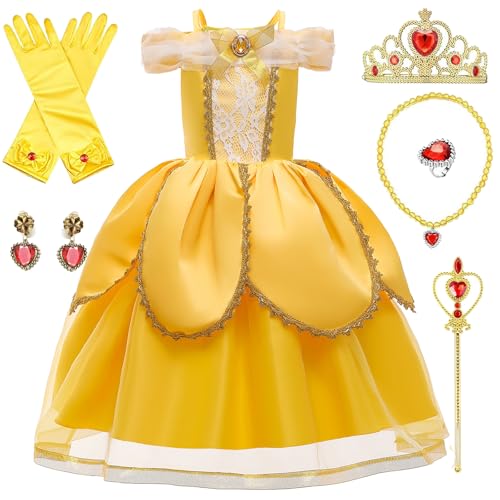 Mädchen Kostüm Prinzessin Schönes Kleid von Die Schöne und das Biest mit Krone Prinzessin Halskette Set für Kinder Geburtstag Party Weihnachten Karneval Cosplay Kleid, 120 von PIXUYE