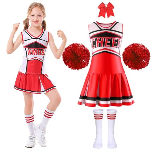 PIXUYE Cheerleader Kostüm Kinder Cheerleadering Outfit Mädchen Kinder Cheer Outfit mit High School Cheerleader Pompons für Karneval Fasching Halloween Mottoparty PIXUYE Cheerleader Kostüm Kinder Cheerleadering Outfit Mädchen Kinder Cheer Outfit mit High School Cheerleader Pompons für Karneval Fasching Halloween Mottoparty von PIXUYE