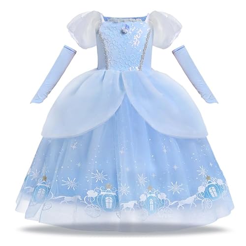 PIXUYE Kostüm Cinderella Prinzessin Mädchen Kleid Prinzessin Cinderella mit Krone Prinzessin Halskette Set Kostüm Blau Halloween Karneval Party Geburtstag Weihnachten, 3-8 Jahre (130 cm) von PIXUYE