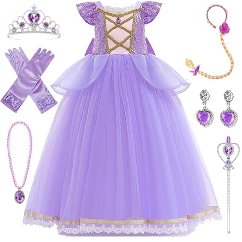 PIXUYE Rapunzel Kostüm Kinder Prinzessin Rapunzel Kostüm mit Krone und Zauberstab Cosplay Verkleidung Festlich Karneval Festkleid Maxikleid Geburtstagsfeier von PIXUYE