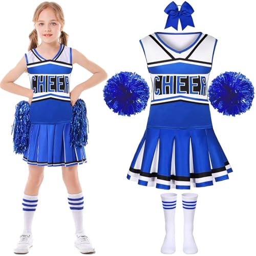 pixuye Pompom Mädchen Kostüm Pompon Uniform Mädchen Kostüm Cheerleader mit Pompons Socken für Halloween Karneval Maskerade, Blau-110 pixuye Pompom Mädchen Kostüm Pompon Uniform Mädchen Kostüm Cheerleader mit Pompons Socken für Halloween Karneval Maskerade, Blau-110 von PIXUYE