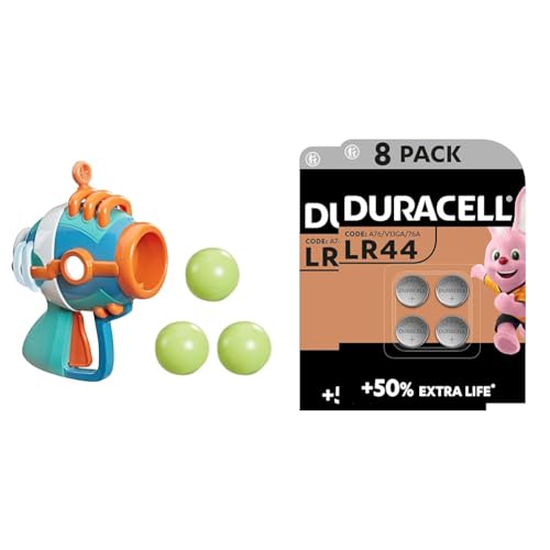 pielzeug, einfach zu bedienender Blaster mit Kunststoffbällen für Kinder ab 3 Jahren + Duracell Specialty LR44 Alkali-Knopfzelle 1,5 V, 8er-Packung (76A/A76/V13GA) entwickelt für die Verwendung in Sp von PJ Masks
