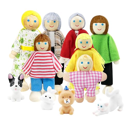 Puppenhaus Puppen 11 Stück Hölzerne Puppenhaus Puppen Familie Set, Puppenfamilie Figuren, Biegepuppen mit Katze und Hund, Puppenfamilie aus Holz Zubehör Geschenk von PJHAJH