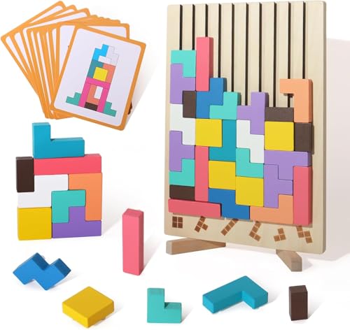 PKKP Holzpuzzle 3D Tetris, Sensorik Bausteine Puzzle mit 42 Steinen und 10 Herausforderungskarten, Montessori Spielzeug Geschenk für Holzpuzzle Set Tetris Spiel ab 3 4 5 6 Jahr (A) von PKKP