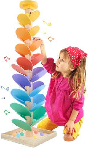 PKKP Klangbaum, Motorikbaum aus Holz Musikbaumspielzeug, Regenbogen Kugelbahn Motorikspielzeug, Kugelbahn Holz Montessori Spielzeug ab 3 Jahre (30 Blätter) von PKKP