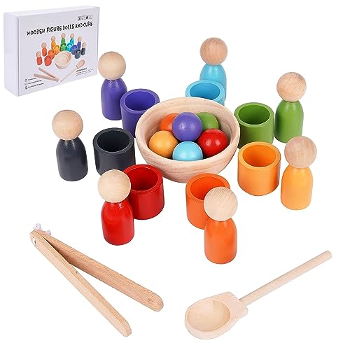PKKP Montessori Spielzeug ab 1 Jahr, Holz Sortier Stapelspielzeug, 7 Stück Regenbogen Holzkugeln in Tassen, Baby Spielzeug für Vorschule für Farbsortierung und Zählen, Geschenk ab 2 Jahr von PKKP