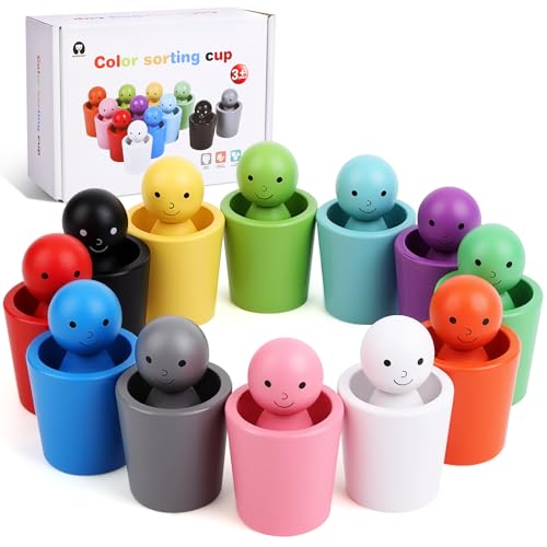 PKKP Montessori Spielzeug ab 3 Jahr, Holz Sortier Stapelsteine Spielzeug, 12 Kugeln Regenbogen Holzkugeln in Tassen, Holzspielzeug zum Zählen und Sortieren Farben Lernen, Geschenk ab 2-5 Jahr (A) von PKKP
