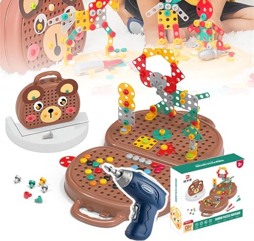 PKKP 204 Pcs Magische Montessori Spielzeugkiste mit Bohrmaschine, 3D Puzzle Mosaik Werkzeugkoffer, DIY Steckspiel Spielzeug ab 3 Jahre, Pädagogisch Kreativ Geschenke für Jungen Mädchen von PKKP