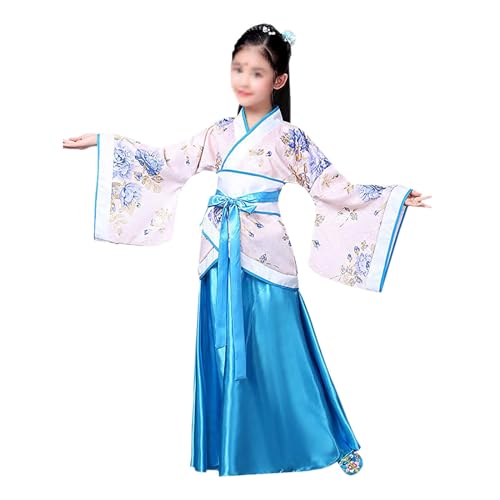 PLABNK Chinesisches Hanfu-Kleid Für Mädchen (100–170 Cm), Altes Traditionelles Kostüm, Oberteil Mit Hoher Taille + Rock Mit Breiten Manschetten, Antike Bühnenaufführung Für Kinder,120CM,Blue von PLABNK