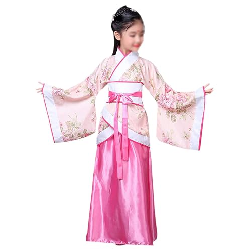 PLABNK Chinesisches Hanfu-Kleid Für Mädchen (100–170 Cm), Altes Traditionelles Kostüm, Oberteil Mit Hoher Taille + Rock Mit Breiten Manschetten, Antike Bühnenaufführung Für Kinder,130CM,Pink von PLABNK