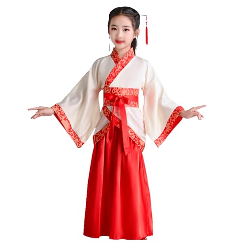 PLABNK Hanfu-Kostüm Für Kinder/Erwachsene, Unisex-Hanfu in Taillenlänge Und Mit Weiten Ärmeln, Accessoires: Mädchen – Haarnadeln, Jungen – Rote Kopftücher, Performance-Set,130CM,Women;Girl von PLABNK
