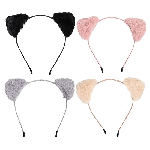 PLAFOPE 4 Stück Farbige Katzenohren Haarreifen Süßes Plüsch Haarband für Karneval Cosplay und Mottopartys Rosa Beige und Schwarz von PLAFOPE