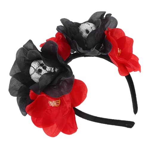 PLAFOPE Halloween Haarreif mit Realistischem Schädel und Künstlichen Blumen Leichter Stoff Kopfschmuck für Halloween und Themenpartys Komfortabel und Auffällig Schwarz Rot von PLAFOPE