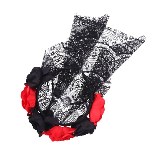 PLAFOPE Halloween Haarschmuck Damen Blumen Haarreif mit Roter Rosenblüte und Schwarzem Spitzen Schleier Leichtes Party Kopfschmuck für Halloween Cosplay und Foto Requisiten von PLAFOPE