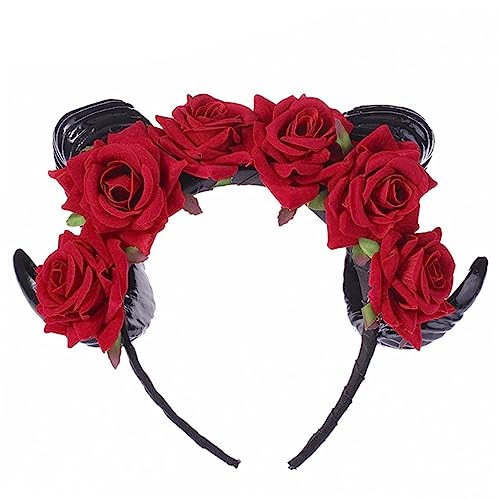 PLAFOPE Rotes Samt Horn Haarreif mit Rosen Halloween Blumen Haarschmuck für Damen Auffälliges Cosplay Stirnband Breites Kopfband für Party und Kostüm von PLAFOPE