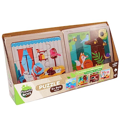 PLANÈTE BOIS 052465APA Pack mit 16 Babytier-Puzzles-Lernspiel-Erste Überlegungen-052465APA-9 Teile-Mehrfarbig-Holz-Kinderspiel-14,5 cm x 14,5 cm-Ab 2 Jahren von PLANÈTE BOIS