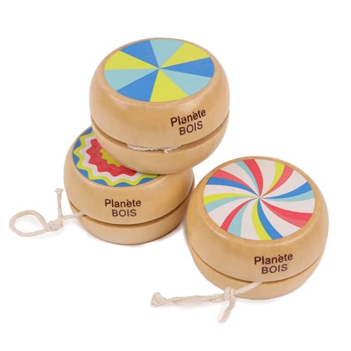 PLANÈTE BOIS 030145YPA Pack mit 24 Jo-Jos-Zum Sammeln-030145YPA-24 Stück-Bunt-Holz-Kinderspiel-Freizeit-Kirmes-Vintage-6 cm x 6 cm-Ab 3 Jahren von PLANÈTE BOIS