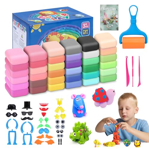 PLAPOT Modelliermasse Kit,36 Farben Lufttrockener Magischer Knete für Kinder,DIY Formton mit werkzeugen und Tutorials,Kinderknete Ton Kunsthandwerk Geschenk für Jungen Mädchen von PLAPOT