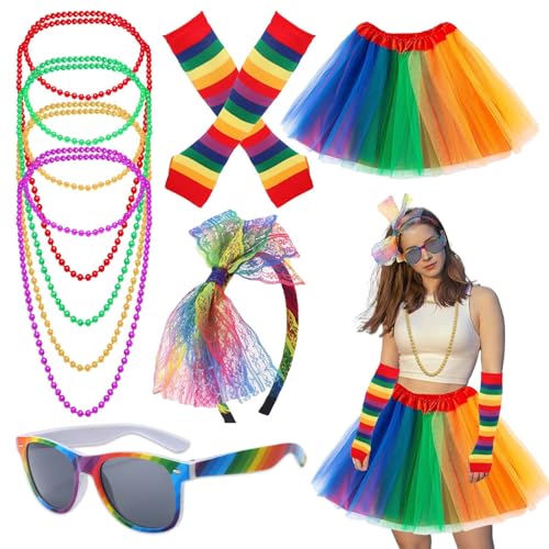 Perfektes 80er Jahre Outfit für Damen Regenbogen Kostüm Damen- Set aus 9 Teilen, Tüllrock, Stulpen und Netzshirt, Ballermann Outfit, Hawaii Kostüm, Flamingo Kostüm - Ideal für Muddy Angel Run Perfektes 80er Jahre Outfit für Damen Regenbogen Kostüm Damen- Set aus 9 Teilen, Tüllrock, Stulpen und Netzshirt, Ballermann Outfit, Hawaii Kostüm, Flamingo Kostüm - Ideal für Muddy Angel Run von PLATEYTR